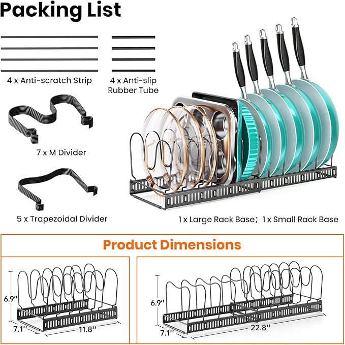 MUDEELA Expandable Pots and Pans Organizer Rack under Cabinet, Pots Lid Organizer Rack for Kitchen Cabinet Organizers and Storage with 12 Adjustable Dividers Cutting Board Holder & Anti-Scratch Strips - Image 7