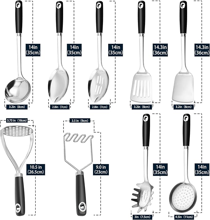 18/0 Stainless Steel Cooking Utensils Set, Heavy Duty Kitchen Utensils for Daily Use Party Wedding Housewarming, Dishwasher Safe, 9 Pieces - Image 6