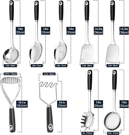 18/0 Stainless Steel Cooking Utensils Set, Heavy Duty Kitchen Utensils for Daily Use Party Wedding Housewarming, Dishwasher Safe, 9 Pieces - Image 6