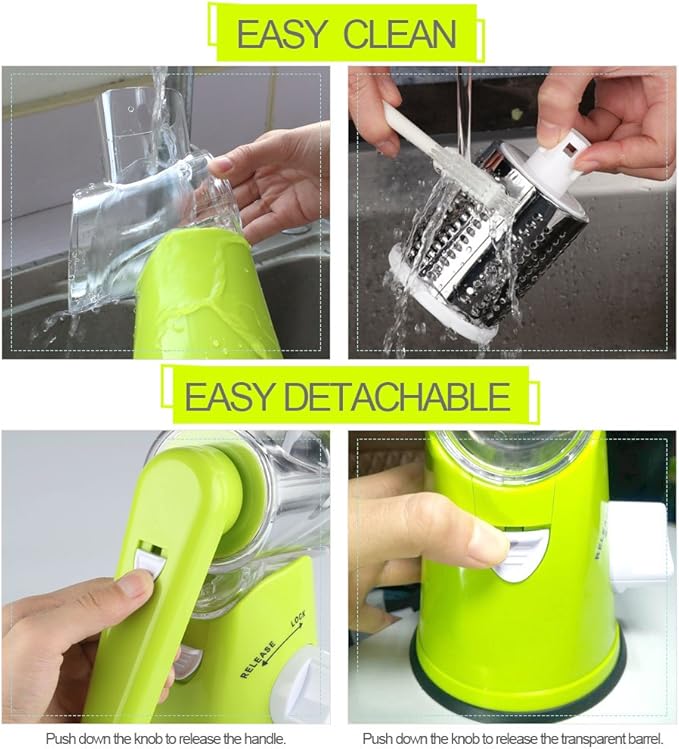 Cambom Rotary Cheese Grater Hand Crank Cheese Shredder for Fresh Cheese, Vegetable, Nuts,Non-slip Suction Base, Free Cleaning Brush Three Blades, Green - Image 8