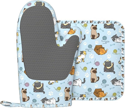 Cute Cat Oven Mitts and Pot Holders Set - Heat Resistant & Non-Slip Silicone Kitchen Gloves for Cooking, Baking, Grilling, BBQ - Fun Kitchen Accessories