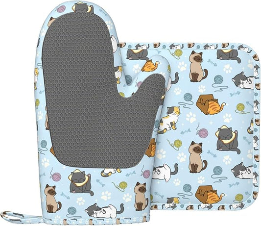 Cute Cat Oven Mitts and Pot Holders Set - Heat Resistant & Non-Slip Silicone Kitchen Gloves for Cooking, Baking, Grilling, BBQ - Fun Kitchen Accessories