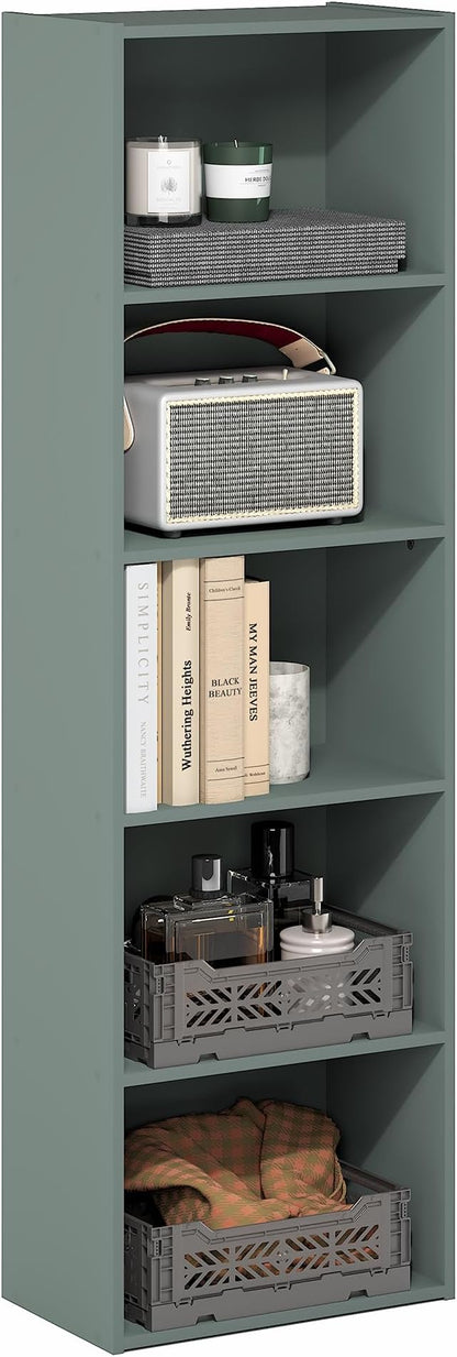 Furinno LUDER Book Shelf, 5-Tier Bookshelf, Bookcase with Open Shelves, 9.4 x 15.8 x 52, Easy Assembly, for Living Room, Bedroom, Home Office, Sage Green by Furinno-FitsYourSpaceFitsYourBudget