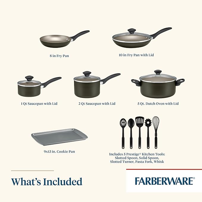 Farberware Dishwasher Safe Nonstick Cookware Pots and Pans Set, 15 Piece, Pewter - Image 2