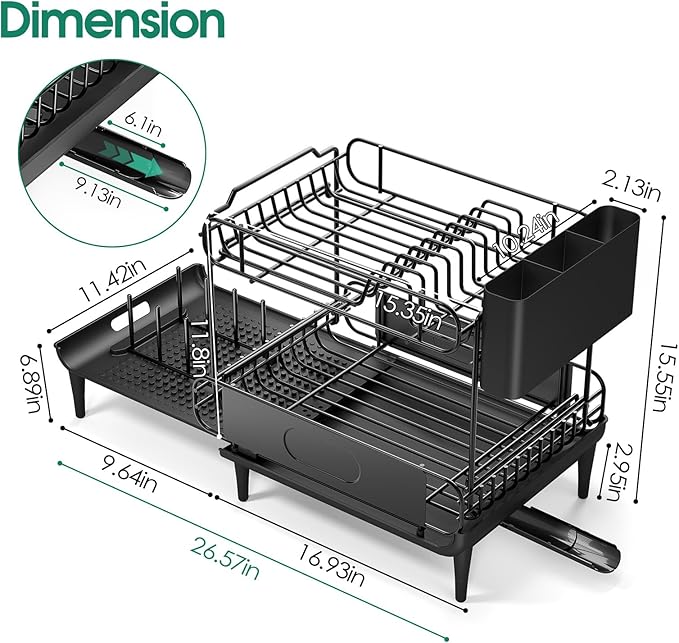 Urackify Dish Drying Rack for Kitchen Counter, Expandable 2 Tier Dish Rack, Large Capacity Dish Drainer with Drainboard Multifunctional Dish Strainer with Removable Cutlery Holder Black - Image 7
