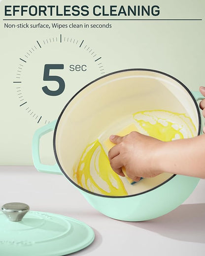 Ciwete Enameled Cast Iron Dutch Oven – 4.4 Quart Pot with Lid & Potholders – Heavy-Duty Cookware for Bread Baking, Braising, Stews & Roasting – Oven & Stovetop Safe up to 500°F – Mint Green