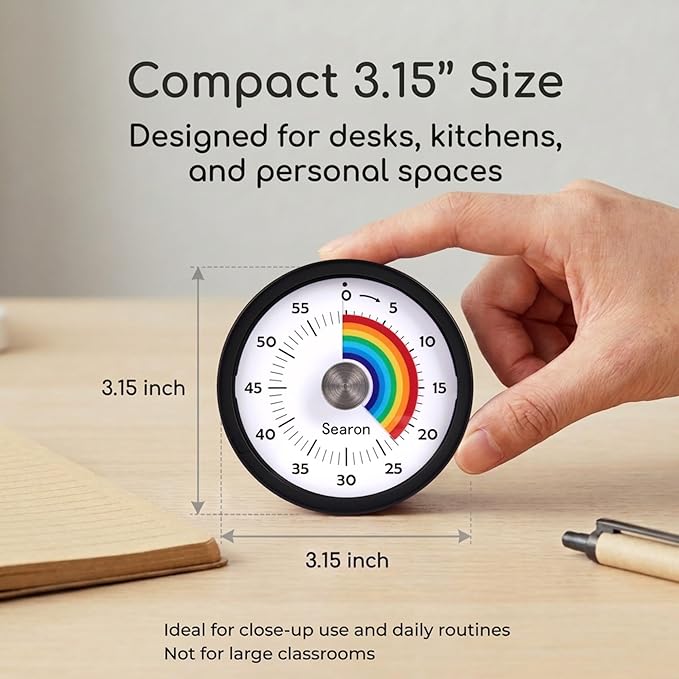 Searon Quiet Visual Timer with Magnet, Countdown Timer with Rainbow Disk and LED Alert, Easy Time Management for Home, Office, Kitchen & Study Desk (Black)