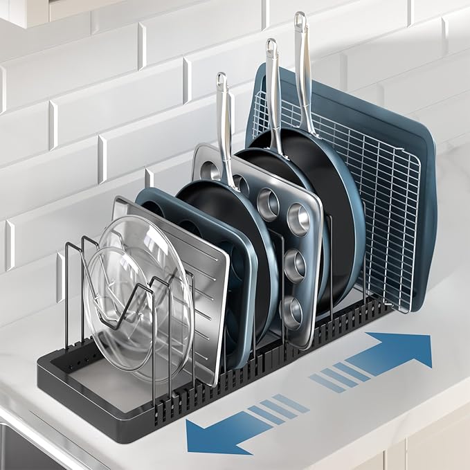 PanPanPal Pots and Pans Organizer under Cabinet, Expandable Pot Lid Organizer Holder with 10 Adjustable Compartment, Pan Organizers inside Cabinet for Lids, Bakeware, Kitchen Storage Pot Rack, Black - Image 8