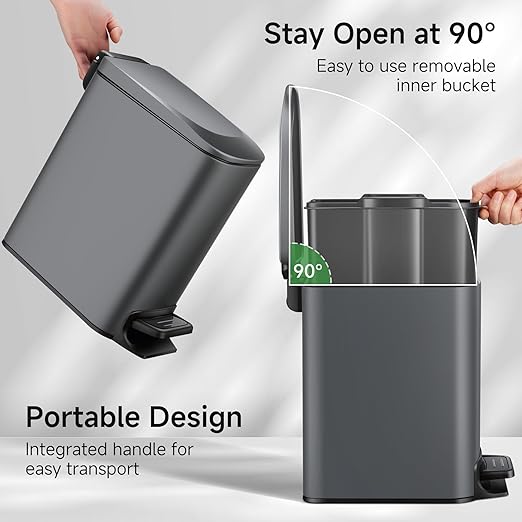 TIPGO Slim Bathroom Trash Can with Lid Soft Close, 6 Liter / 1.6 Gallon Stainless Steel Garbage Can with Removable Inner Bucket, Step Pedal, Small Trash Cans for Bedroom, Office, Kitchen (Grey) - Image 2