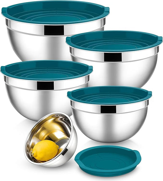 E-far Mixing Bowls With Lids Sets of 5, 10-Piece Stainless Steel Salad Metal Nesting Bowl for Baking Cooking and Prepping, Airtight Lid & Stackable Design, Size 4.6, 3, 2.1, 1.5, 0.7 QT, Blue by E-far