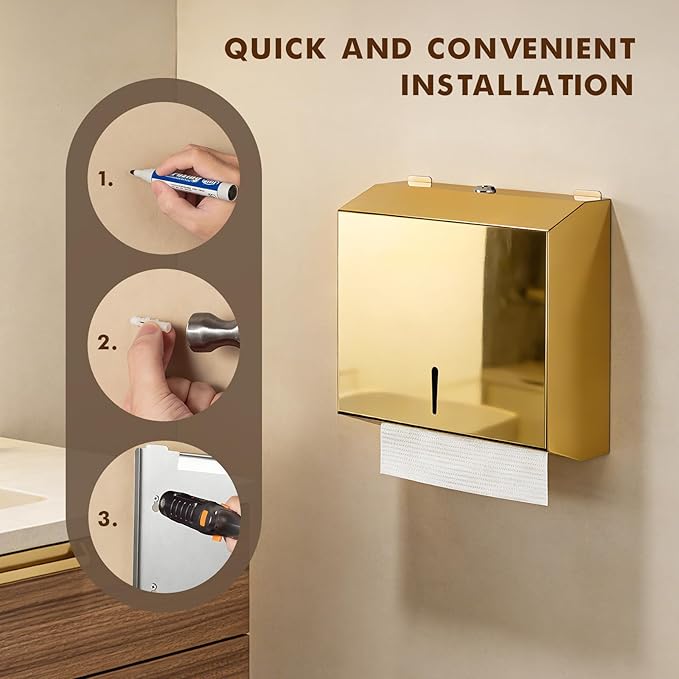 Wall Mounted Stainless Steel Paper Towel Dispenser with Lock, Polished Mirror Finish, Fits C-Fold, Tri-Fold and Multi-Fold Hand Towels, Commercial Restroom & Bathroom Use - Image 2