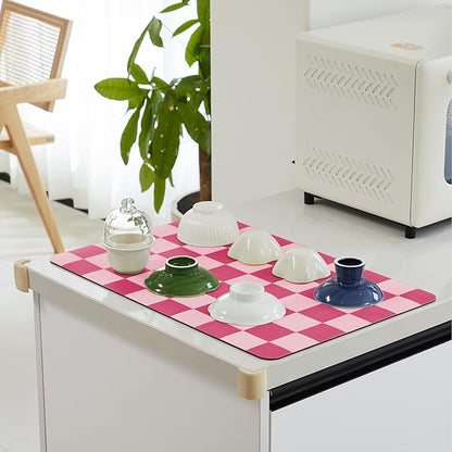 Ohocut Checkered Dish Drying Mat for Kitchen Counter, Coffee Bar Station Accessories, Retro Cute Girly Pink Aesthetic Modern Absorbent Drainer Mat Kitchen Drying Mat Easy Clean, Hot Pink 16" x 24" - Image 3