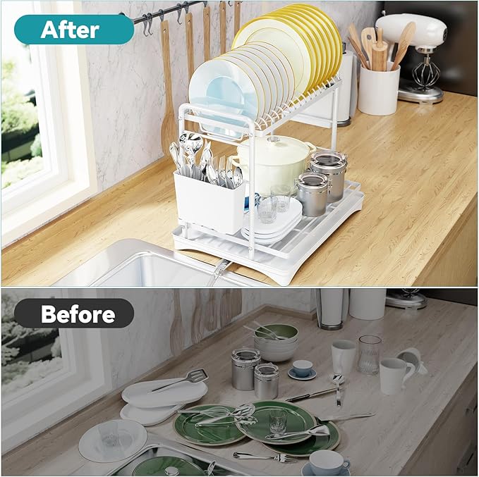 Simple Trending Dish Drying Rack, 2-Tier Dish Rack for Kitchen Counter, Large Dish Drainers Sink Organizers and Storage, White - Image 5