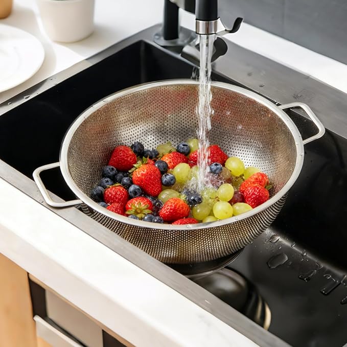 304 Stainless Steel Colander, Micro-Perforated 5-Quart Strainer with Base, Dishwasher Safe. Great for Pasta, Noodles, Vegetables & Fruits - Image 3