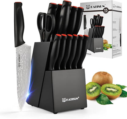 Damascus Pattern 15-Piece Kitchen Knife Set with Block, High Carbon Steel Chef Knife, Includes Sharpener and Scissors, Ergonomic Black Anti-Slip Handle and Red Trim, Perfect for Professionals by KATISUN