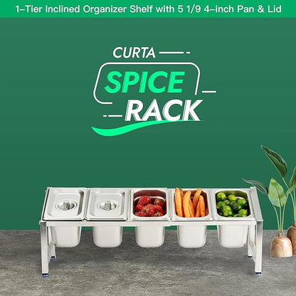 CURTA Expandable 18/8 Stainless Steel Spice Rack Set, NSF Certified, 1-Tier Inclined Organizer Shelf with 5 1/9 4“ Pan&Lid, 13.8" - 23.6" Adjustable, Countertop Holder for Seasoning Ingredients