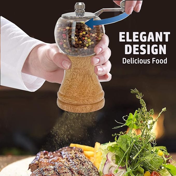 Salt and Pepper Grinder Set Manual Pepper Mill Set Classical Hand Shake Wooden Salt Mill Acrylic Ceramic Blades Upgrade Metal Handle, Enjoy Pepper Salt Various Spices (Burlywood 2pcs-5in)