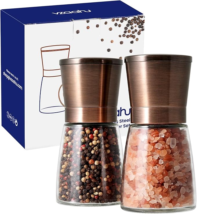 Vzaahu Salt and Pepper Copper Grinders, Set of 2 Refillable Bronze Brass, Seasalt Spice Peppermill with Magnetic Lids Adjustable Coarseness, Ceramic Core, Kitchen Gift by vzaahu