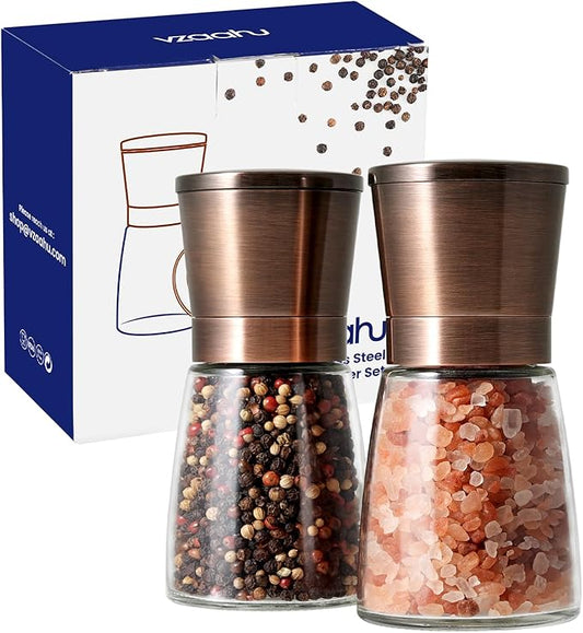Vzaahu Salt and Pepper Copper Grinders, Set of 2 Refillable Bronze Brass, Seasalt Spice Peppermill with Magnetic Lids Adjustable Coarseness, Ceramic Core, Kitchen Gift by vzaahu