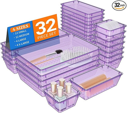 StorMiracle 32 PCS Clear Plastic Drawer Organizer Set, 4-Size vanity organizer Trays and Storage Bins for Makeup, Jewelry and Gadgets in Bedroom, Bathroom and Office, Clear Purple by StorMiracle