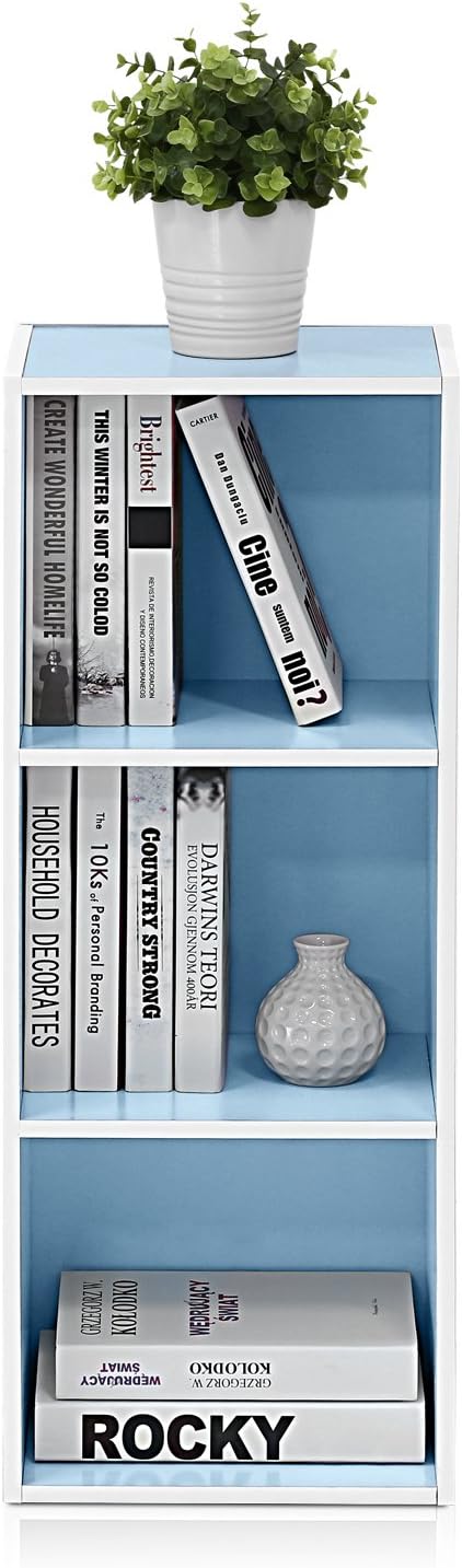 Furinno LUDER Book Shelf, 3-Cube Bookshelf, Bookcase with Open Shelves, 9.3 x 12 x 31.5, Easy Assembly, for Living Room, Bedroom, Home Office, White/Light Blue - Image 6