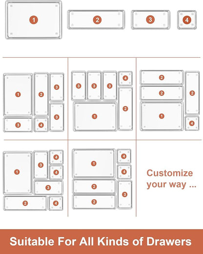SMARTAKE 37-Piece Drawer Organizer with Non-Slip Silicone Pads, 4-Size Desk Drawer Organizer Trays Storage Tray for Makeup, Jewelries, Utensils in Bedroom Dresser, Office and Kitchen (Clear) - Image 7