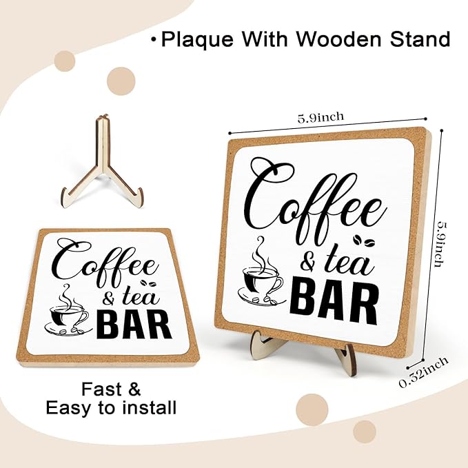 Rustic Coffee & Tea Bar Decor Sign,Funny Wooden Plaque for Cafe Bar,Coffee Station,or Shelf, Farmhouse Kitchen Cafe & Tea Accessories for Home or Office 5.9 x 5.9Inch(White+Brown04) - Image 2