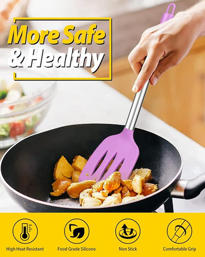 Pack of 2 Silicone Solid Turner, Non Stick Slotted Kitchen Spatulas, High Heat Resistant BPA Free Cooking Utensils, Ideal Cookware for Fish, Eggs, Pancakes(Purple) - Image 5