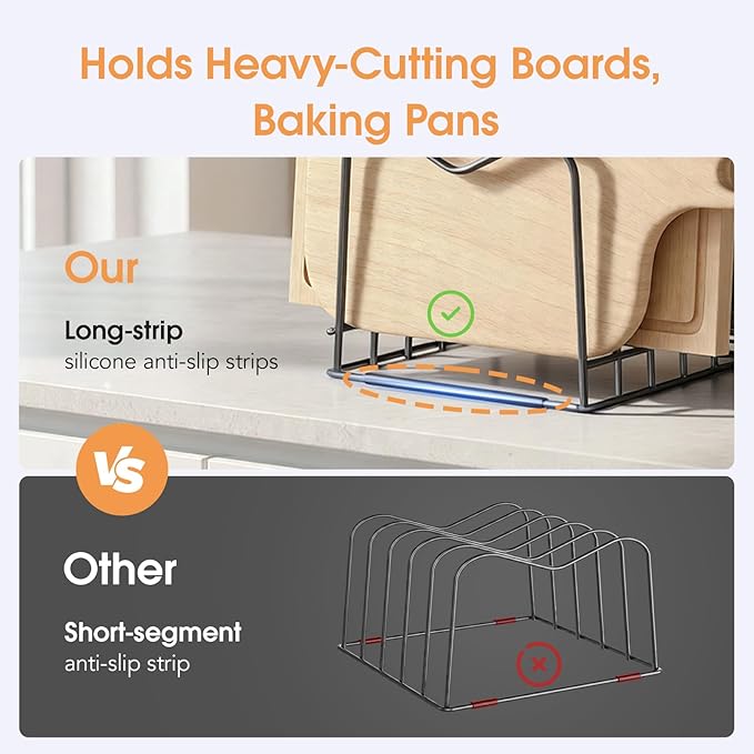 ORDORA Cutting Board Holder Stand Rack Organizer for Cabinet, 5mm Wire Storage Rack for Countertop, Baking Cookie Sheet Pan Organizer inside Cabinet, Chopping Board Holder for Pots, Lids and Skillets - Image 3
