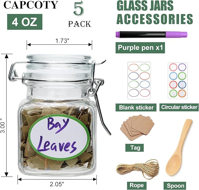 Small Glass Jars with Lids,4 oz Spice Jars with Labels,Small Glass Containers with Airtight Hinged Lid for Home Kitchen, Arts & Crafts Projects, Spices, Decoration, Snack Foods (5 Pack) - Image 2