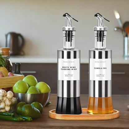 Olive Oil Dispenser Bottles for Kitchen with Bamboo Tray, Oil and Vinegar Dispenser Set, Stainless Steel Glass Dispensers for Kitchen, Dispenser Bottle of 300ml - Set of 2 - Image 6