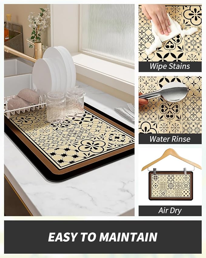 AMOAMI Coffee Mat - Hide Stain Rubber Backed Absorbent Dish Drying Mat for Kitchen Counter - Fits Under Coffee Maker - Khaki 12X19 - Image 4