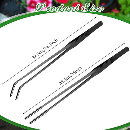 Lasnten 2 Pcs Extra Long Stainless Steel Reptile Feeding Tongs with Rubber Tip 15 Inch Bearded Dragon Aquarium Straight and Curved Long Tweezer Terrarium Feeder Tool for Tank(Black)