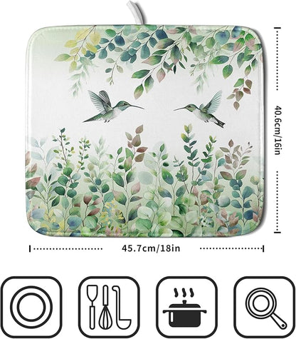 Giwawa Hummingbird Dish Drying Mat for Kitchen Countertop, Spring Summer Sage Green Eucalyptus Leaves Dish Drainer Mats, Herb Botanical Microfiber Dish Drying Pad Home Decor, 16"x18", Small