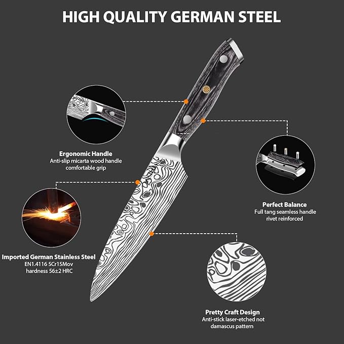 MOSFiATA 4 Inch Paring Knife, Kitchen Knife Fruit Knives with Sheath, German High Carbon Stainless Steel EN1.4116 Precision Cooking Vegetable Knife for Carving, Peeling, Trimming - Image 3