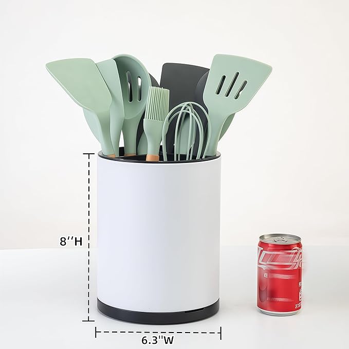 LIBODOUR Kitchen Utensil Holder Extra Large 360°Rotating For Counter Organizer Stainless Steel Storage Cooking Silverware Caddy 3 Compartment Flatware Spoon Spatula Tool Cutlery Container（White） - Image 4