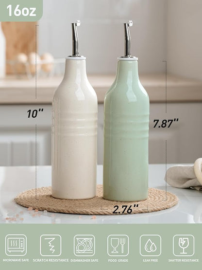 famiware Jupiter 16oz Ceramic Olive Oil Dispenser Bottle, Olive Oil and Vinegar Dispenser Bottle Set of 2 with Stainless Steel Pourers, Suitable for Storage Vinegar, Vanilla White & Light Green