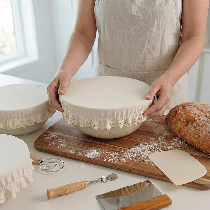 Set of 4 Reusable Cotton Bowl Covers with Lace Trim 13, 10, 8, 4 Inch Breathable Muslin Fabric Food Storage Lids Elastic Cloth Bowl Covers for Bread Proofing Baskets Sourdough Bread Baking