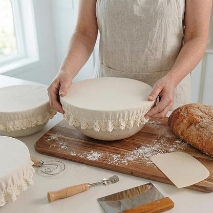 Set of 4 Reusable Cotton Bowl Covers with Lace Trim 13, 10, 8, 4 Inch Breathable Muslin Fabric Food Storage Lids Elastic Cloth Bowl Covers for Bread Proofing Baskets Sourdough Bread Baking