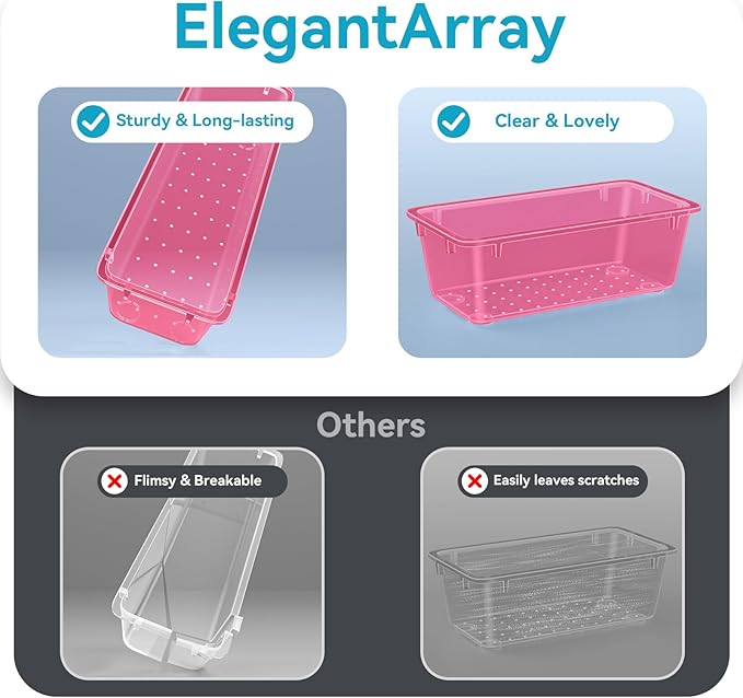 ElegantArray 12 PCS Drawer Organizer Set, 4 Sizes Tool Storage Trays, Clear Plastic Makeup Vanity Organizer and Storage Bins for Stationeries, Multiple Gadgets for Office, Bedroom, Pink - Image 2