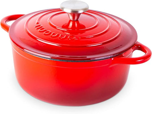 Cast Iron Dutch Oven with Lid – Non-Stick Ovenproof Enamelled Casserole Pot – Sturdy Dutch Oven Cookware – Red, 3.1-Quart, 22cm – by Nuovva by Nuovva