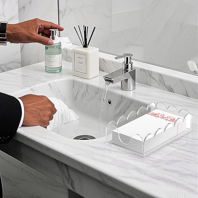 LUGUNU Clear Acrylic Napkin Holder – Scalloped Tray for Bathroom, Kitchen, Dining Room – Stylish Guest Hand Towel & Disposable Paper Holder for Weddings, Hotels, and Home Decor (9x5.1inch)