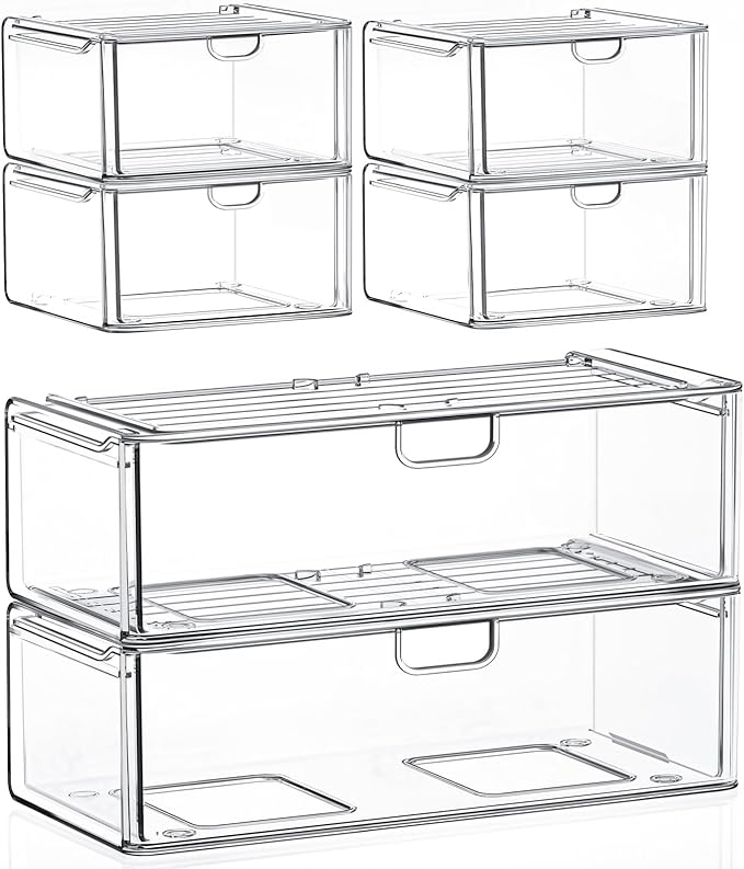 caktraie Acrylic Storage Drawers Set of 6, Clear Makeup Organizer, Plastic Organizer Bins for Beauty Supplies,Ideal for Vanity, Bathroom,Cabinet,Pantry Organization by shoeboxesanddeskorganizers