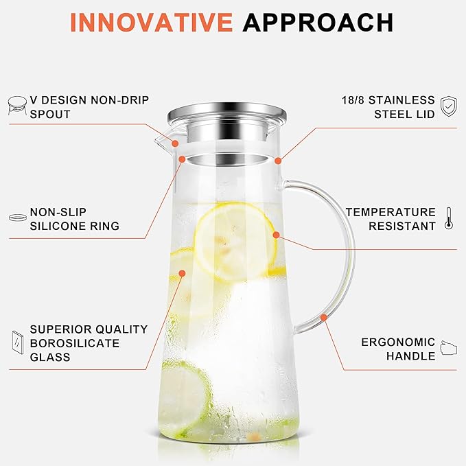 SUSTEAS 1.5 Liter 51oz Glass Pitcher with Lid, Easy Clean Heat Resistant Glass Water Carafe with Handle for Hot/Cold Beverages - Water, Cold Brew, Iced Tea & Juice, With 1 Long-Handled Brush Included - Image 3