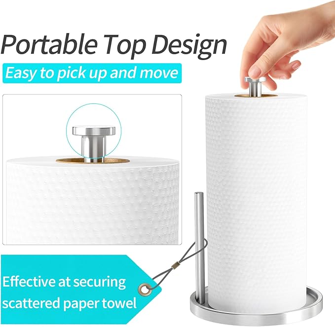 Paper Towel Holder Countertop, Standing Paper Roll Holder with Anti Slip Weighted Base, Stainless Steel Freestanding Paper Towel Holder for Kitchen, Silver - Image 3