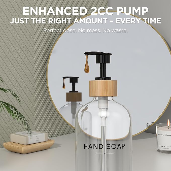 Hand and Dish Soap Dispenser Set,16oz Glass Bottles with Printed Labels, Bamboo Tray & Pump,Countertop Soap Dispensers for Kitchen,Luxury, Minimalist & Farmhouse Decor (Hand Dish (Transparent)) - Image 5