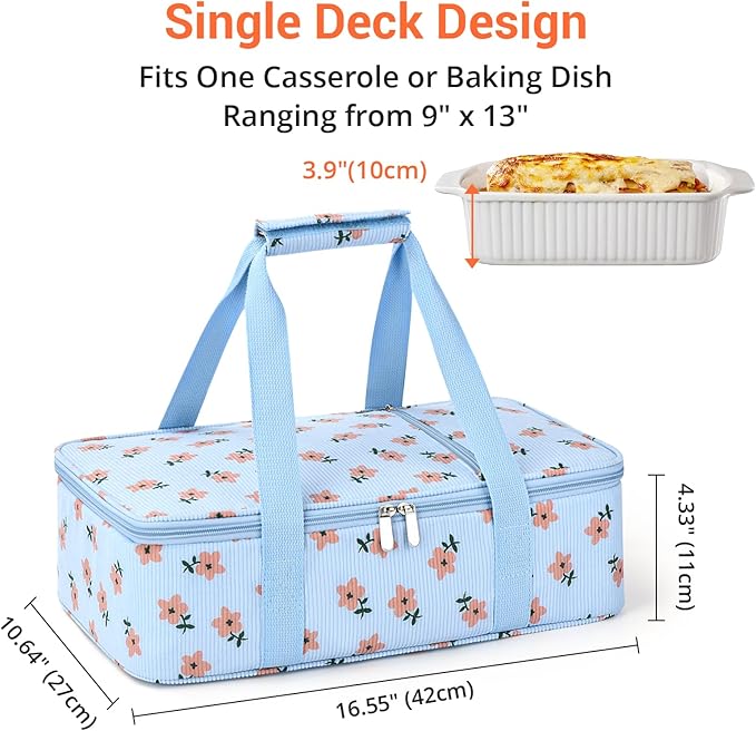 Insulated Casserole Carrier for Hot or Cold Food,Pie Carrier Bag Lunch Bag Tote for Potluck Parties/Picnic/Cookouts, Fits 9"x13" Baking Dish,Single Corduroy Flowers