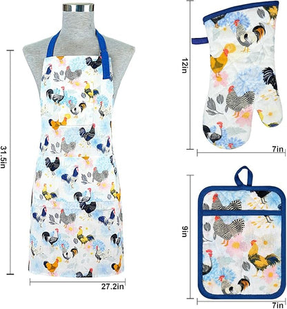 Alselo Oven Mitts and Pot Holders with Chef Apron,Set of 5 Heat Resistant Kitchen Gloves and Silicone Non-Slip Potholders Adjustable Neck Buckle Chef Apron, Cotton Nice Design for Cooking (Rooster)