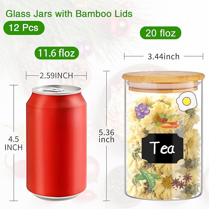BGraceyy Glass Jars with Bamboo Lids 20 oz, 12 Pcs Stackable Kitchen Glass Pantry Storage Containers with Airtight Bamboo Lids for Rice, Candy, Sugar, Flour, Nuts, Cookie, Bean - Image 2