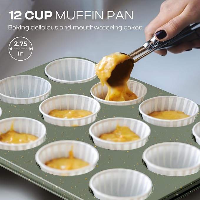 8-Piece Nonstick Bakeware Set, Stackable Oven Pan Set Includes Baking Sheet, Muffin Pan, Cake Pan, Square Pan, Loaf Pan, Cookie Sheet & Cooling Rack (Ceramic Coated Green) - Image 4